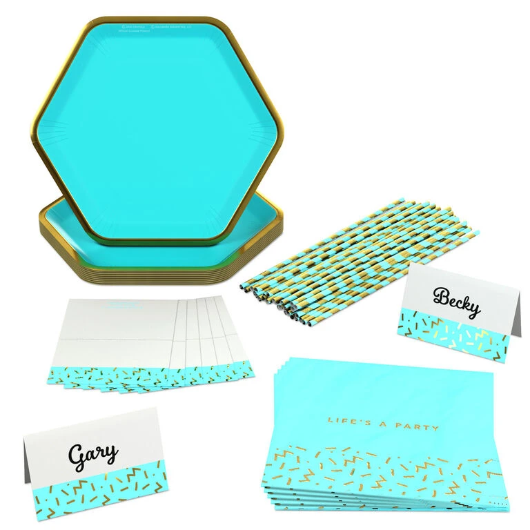 Hallmark Color Pop 60-Piece Tableware Premium Party Kit, Aqua Hexagon