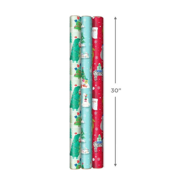 Hallmark Winter Friends 3-Pack Reversible Kids Christmas Wrapping Paper Assortment, 120 Sq. Ft. - Image 3